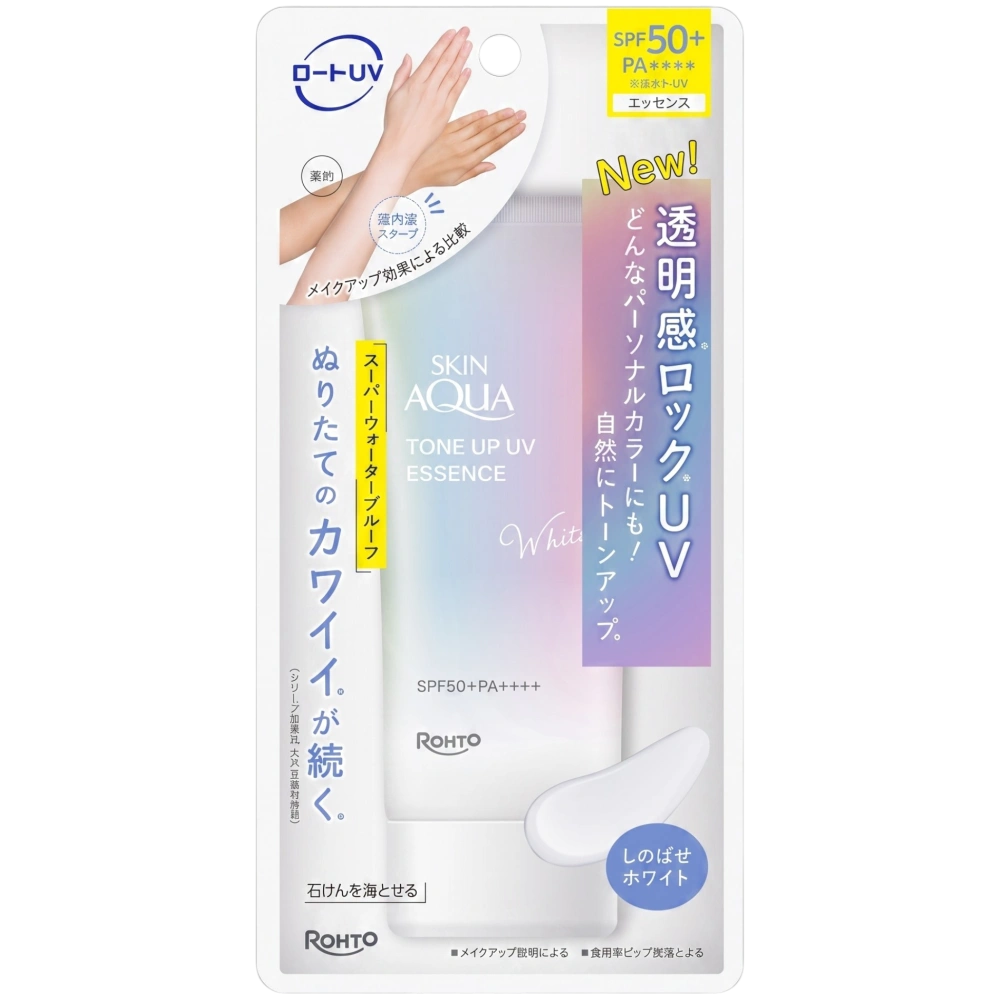 Солнцезащитная эссенция для лица и тела с эффектом TONE UP (белый оттенок), SPF50+ PA++++ "Skin Aqua Tone Up UV Essence White" ROHTO, 70 г