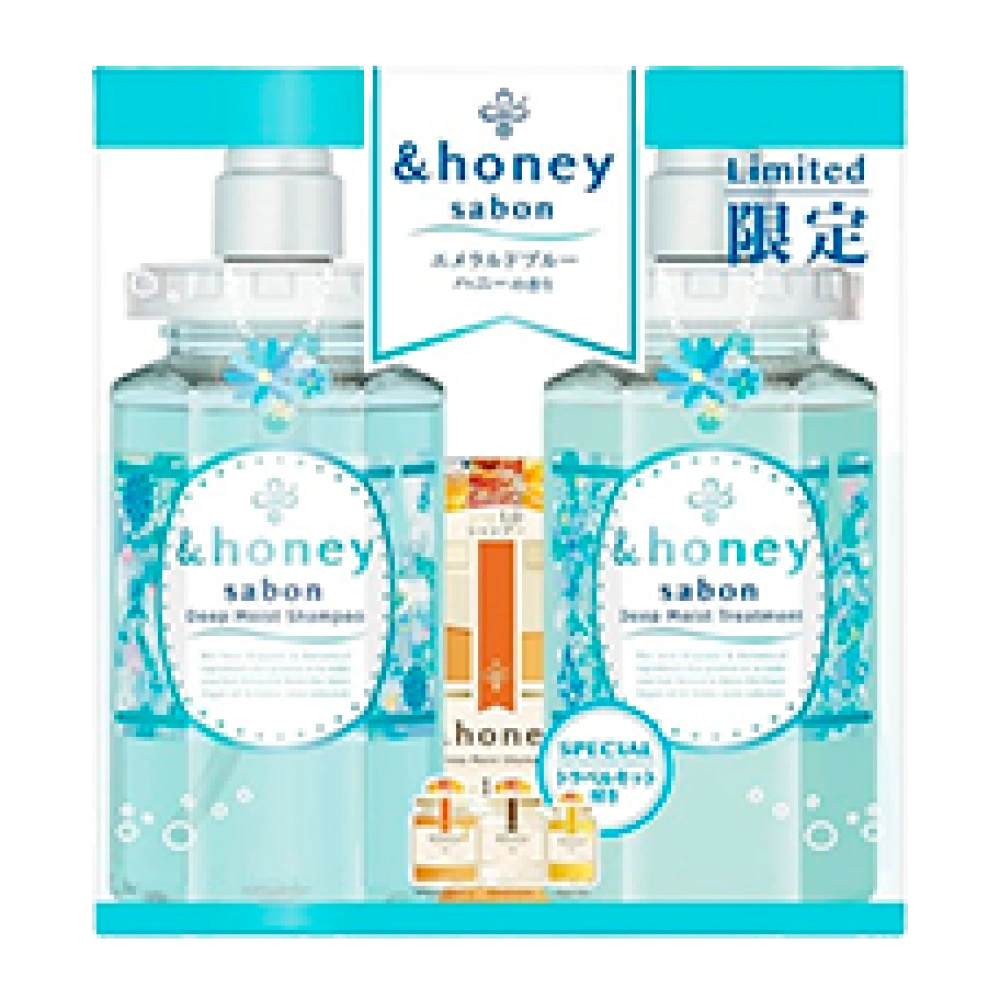 Набор (шампунь + тритмент + пробники) «&Honey - Deep Moist Sabon Emerald Blue Honey», 440 мл. + 445 мл. + 10 мл. + 10 мл. + 3 мл.
