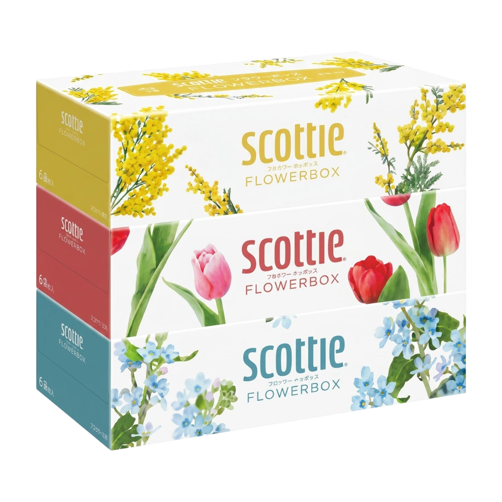 Салфетки бумажные двухслойные "Scottie Tissue Flower Box", 250 пар (500 + 100 листов) × 3 шт.