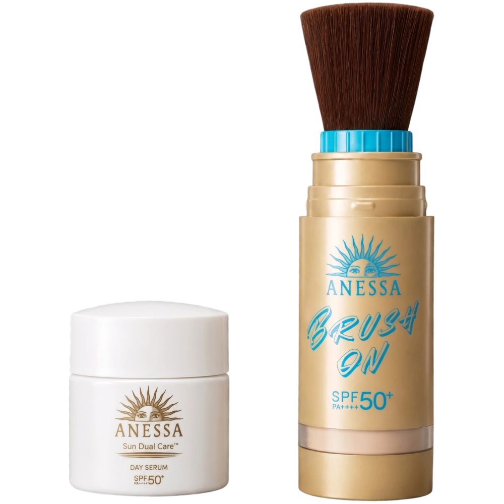 Солнцезащитный набор (пудра с кистью + сыворотка) SPF50+ / PA++++ «ANESSA Sensory Kit Perfect UV Brush-On Powder + Sun Dual Care Day Serum (Translucent Beige)», Shiseido, 3 г / 6 мл